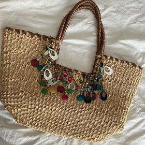 Stylish Tan Woven Tote Bag with Colorful Accents